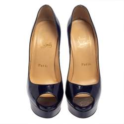 Pre Owned Christian Louboutin Blue Patent Leather Lady Peep  Platform Pumps Size 37