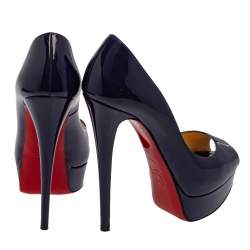 Pre Owned Christian Louboutin Blue Patent Leather Lady Peep  Platform Pumps Size 37