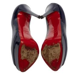 Pre Owned Christian Louboutin Blue Patent Leather Lady Peep  Platform Pumps Size 37