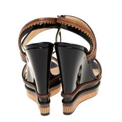 Pre Owned Christian Louboutin Black/Brown Patent And Leather Trepi Wedge Platform Slingback Sandals Size 39