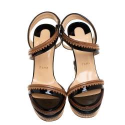 Pre Owned Christian Louboutin Black/Brown Patent And Leather Trepi Wedge Platform Slingback Sandals Size 39