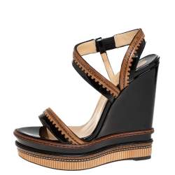 Pre Owned Christian Louboutin Black/Brown Patent And Leather Trepi Wedge Platform Slingback Sandals Size 39