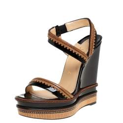 Pre Owned Christian Louboutin Black/Brown Patent And Leather Trepi Wedge Platform Slingback Sandals Size 39