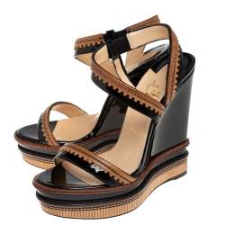 Pre Owned Christian Louboutin Black/Brown Patent And Leather Trepi Wedge Platform Slingback Sandals Size 39