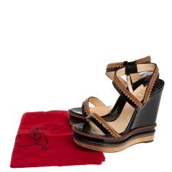 Pre Owned Christian Louboutin Black/Brown Patent And Leather Trepi Wedge Platform Slingback Sandals Size 39