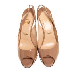 Pre Owned Christian Louboutin Beige Patent Leather Private Number Slingback Sandals Size 38.5