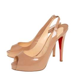 Pre Owned Christian Louboutin Beige Patent Leather Private Number Slingback Sandals Size 38.5
