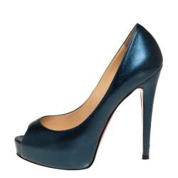 Pre Owned Christian Louboutin Metallic Blue Leather New Very Prive Peep Toe Platform Pumps Size 35.5