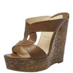 Pre Owned Christian Louboutin Brown Leather Rotondodo Cork Wedge Slide Sandals Size 39.5