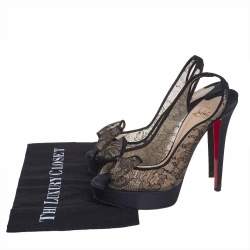 Pre Owned Christian Louboutin Black Satin and Lace Exclu Slingback Sandals Size 39