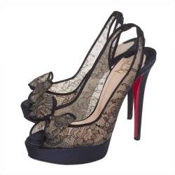 Pre Owned Christian Louboutin Black Satin and Lace Exclu Slingback Sandals Size 39