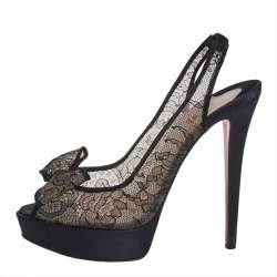Pre Owned Christian Louboutin Black Satin and Lace Exclu Slingback Sandals Size 39