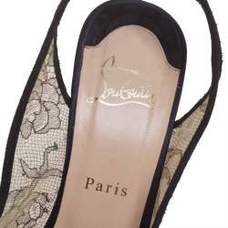 Pre Owned Christian Louboutin Black Satin and Lace Exclu Slingback Sandals Size 39