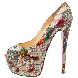 Christian Louboutin Multicolor Python Carnival Highness Peep Toe Platform Pumps Size 38.5