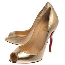 Pre Owned Christian Louboutin Gold Leather Jolly Squiggle Peep Toe Pumps Size 35.5