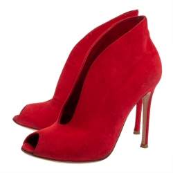 Pre Owned Gianvito Rossi Red Suede Vamp Peep Toe Booties Size 35.5