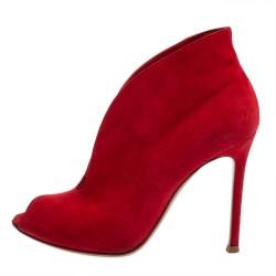 Pre Owned Gianvito Rossi Red Suede Vamp Peep Toe Booties Size 35.5