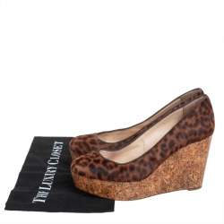 Christian Louboutin Brown Leopard Print Pony Hair Coroclic Cork Wedge Platform Pumps  Size 38