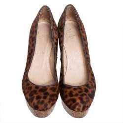 Christian Louboutin Brown Leopard Print Pony Hair Coroclic Cork Wedge Platform Pumps  Size 38