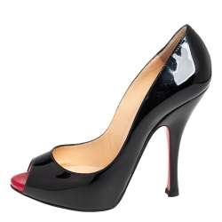 Pre Owned Christian Louboutin Black Patent Leather Very Prive Peep Toe Pumps Size 36.5