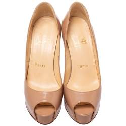 Pre Owned Christian Louboutin Beige Patent Leather Lady Peep Toe Platform Pumps Size 34.5