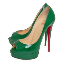 مملوكة مسبقًا Christian Louboutin Green Patent Leather Lady Peep Toe Platform Pumps Size 38.5