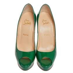 مملوكة مسبقًا Christian Louboutin Green Patent Leather Lady Peep Toe Platform Pumps Size 38.5