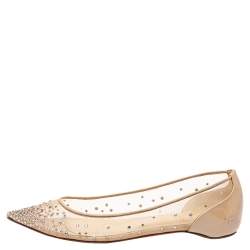 Pre Owned حذاء باليرينا فلات كريستيان لوبوتان فوليس ستراس مقدمة مدببة شبكة مزخرفة بيج مقاس 40