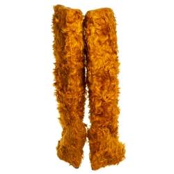 مملوكة مسبقًا Christian Louboutin Yellow Faux Fur Knee Length Boots Size 37.5