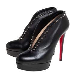 Pre Owned Christian Louboutin Black Leather Spiked Miss Fast Plato Booties Size 38.5