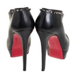 Pre Owned Christian Louboutin Black Leather Spiked Miss Fast Plato Booties Size 38.5