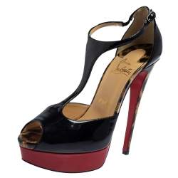 Christian Louboutin Black Patent Jilopa T Strap Platform Sandals Size 37.5