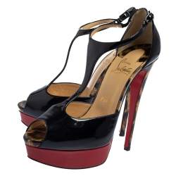 Christian Louboutin Black Patent Jilopa T Strap Platform Sandals Size 37.5