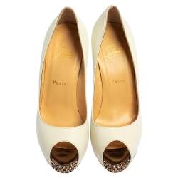 Pre Owned Christian Louboutin White Leather New Prive Spike Heel Peep Toe Platform Pumps Size 39