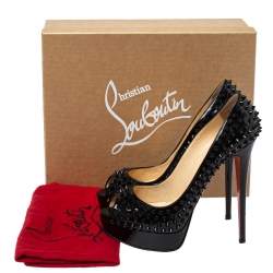 Pre Owned Christian Louboutin Black Patent Leather Lady Peep Toe Spike Platform Pumps Size 40