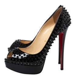 Pre Owned Christian Louboutin Black Patent Leather Lady Peep Toe Spike Platform Pumps Size 40