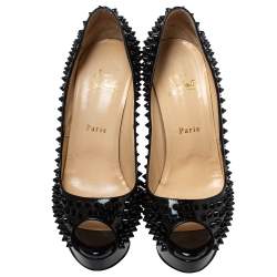 Pre Owned Christian Louboutin Black Patent Leather Lady Peep Toe Spike Platform Pumps Size 40