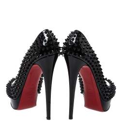 Pre Owned Christian Louboutin Black Patent Leather Lady Peep Toe Spike Platform Pumps Size 40
