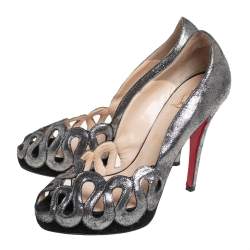 Christian Louboutin Metallic Cut Out Leather Peep Toe Pumps Size 37.5