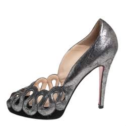 Christian Louboutin Metallic Cut Out Leather Peep Toe Pumps Size 37.5