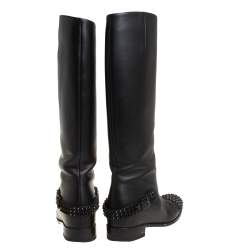Pre Owned Christian Louboutin Black Leather Spike Cap Toe Egoutina Knee Boots Size 39
