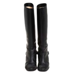 Pre Owned Christian Louboutin Black Leather Spike Cap Toe Egoutina Knee Boots Size 39