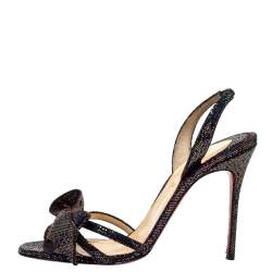 Pre Owned Christian Louboutin Black Glitter Bow Sling Back Sandals Size 38