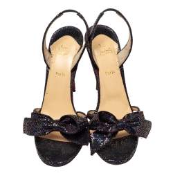 Pre Owned Christian Louboutin Black Glitter Bow Sling Back Sandals Size 38