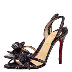 Pre Owned Christian Louboutin Black Glitter Bow Sling Back Sandals Size 38