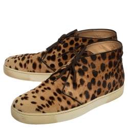 Pre Owned Christian Louboutin Brown Leopard Print  Calf Hair Lace Up Sneakers Size 43