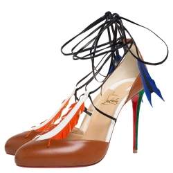 Pre Owned Christian Louboutin Brown Leather And Suede Ankle Wrap Pumps Size 38