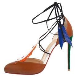 Pre Owned Christian Louboutin Brown Leather And Suede Ankle Wrap Pumps Size 38
