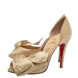 Pre Owned Christian Louboutin Beige Satin Bow T Dorcet Peep Toe Pumps Size 36.5