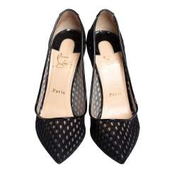 Pre Owned Christian Louboutin Black Fabric And Patent Leather Pointed Toe Pumps Size 38.5
